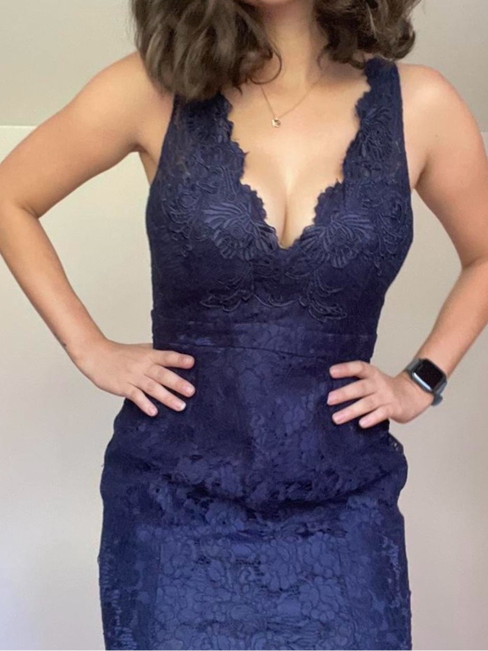 MANIJU Lace V-Neck Dress - Navy